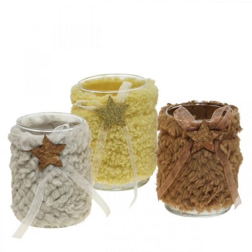 Floristik24 Dekoracja świąteczna latarnia szklana sztuczne futro W12cm Ø9,5cm 3szt