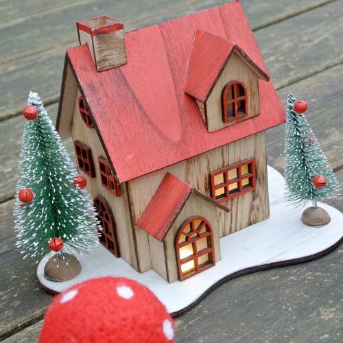 Floristik24 Świąteczny domek z oświetleniem LED naturalne, czerwone drewno 20×15×15cm