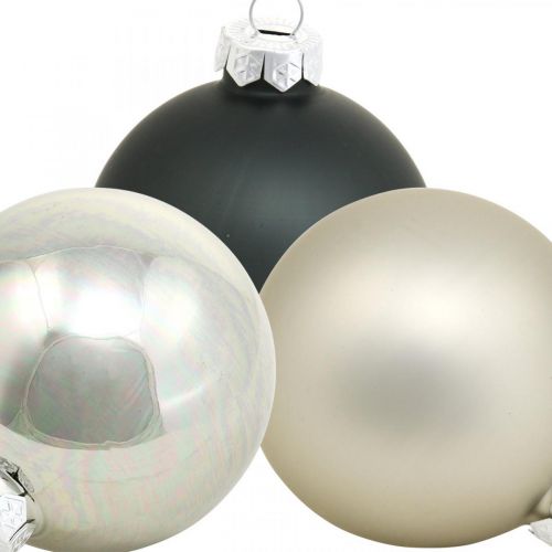 Produkt Bombka świąteczna, zawieszka na choinkę, ozdoba choinkowa czarna/srebrna/perłowa H6,5cm Ø6cm prawdziwe szkło 24szt.