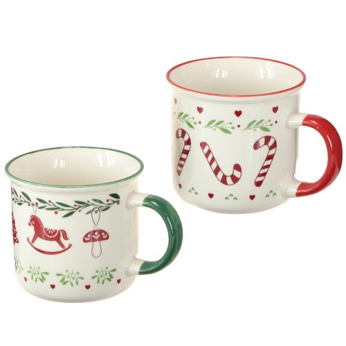 Floristik24 Kubek świąteczny ceramiczny czerwony zielony kremowy wys. 9cm 2 szt.