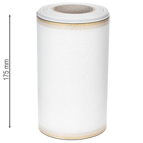 Produkt Biała wstążka do wieńca z mory ze złotym perłowym brzegiem, 175 mm - Elegancka wstążka do dekoracji i florystyki