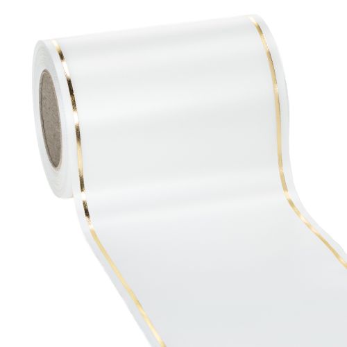 Floristik24 Biała wstążka do wieńca ze złotą krawędzią do druku komputerowego, wstążka satynowa, wodoodporna, 25 m x 125 mm