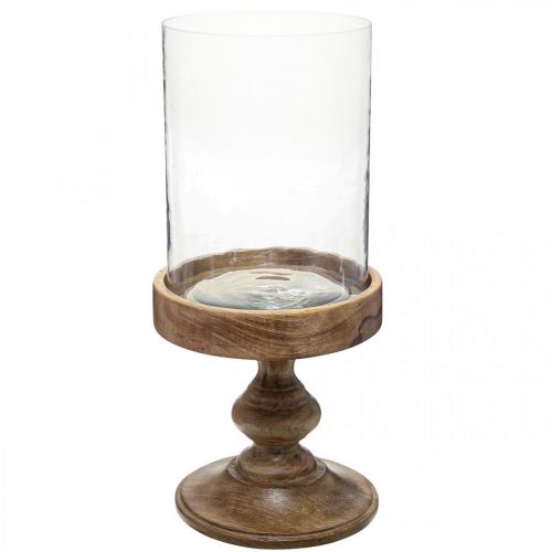 Latarnia szklana na drewnianej podstawie szkło dekoracyjne antyczny wygląd Ø22cm W45cm