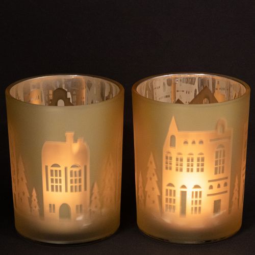 Produkt Latarnia szklana srebrno-złota sylwetka miasta wys. 12,5 cm 4 szt.