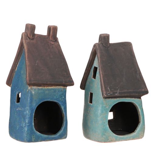 Floristik24 Domek z latarnią Domek ceramiczny niebiesko-brązowy W15,5/17,5cm 2 szt