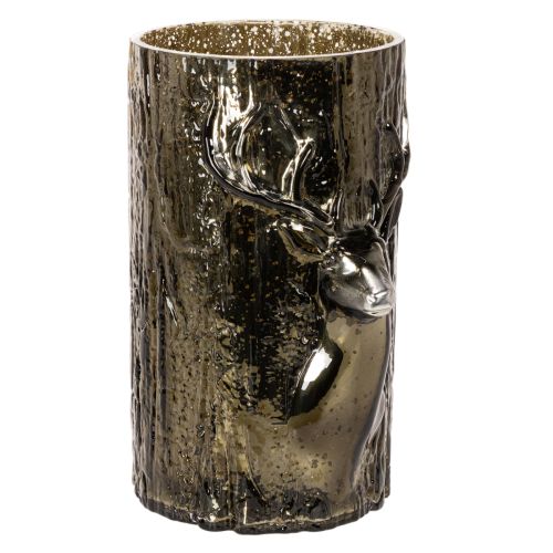 Szklany świecznik typu tealight z głową jelenia i reliefami drzew, zimowa dekoracja, 26 cm kupić | Floristik24.pl