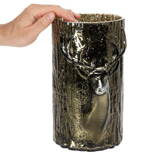 Szklany świecznik typu tealight z głową jelenia i reliefami drzew, zimowa dekoracja, 26 cm | Floristik24.pl