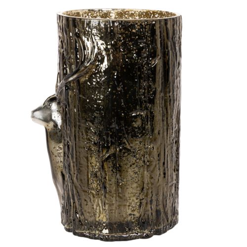 Szklany świecznik typu tealight z głową jelenia i reliefami drzew, zimowa dekoracja, 26 cm | Floristik24.pl