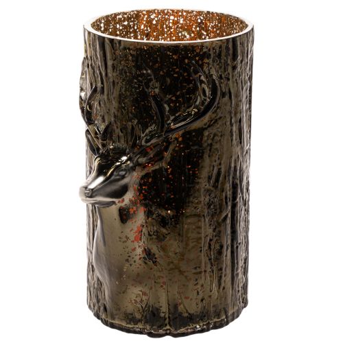 Szklany świecznik typu tealight z głową jelenia i reliefami drzew, zimowa dekoracja, 26 cm | Floristik24.pl