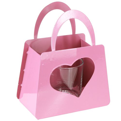 Latarnia metalowa z wkładem szklanym torba różowa wys. 18cm 2szt