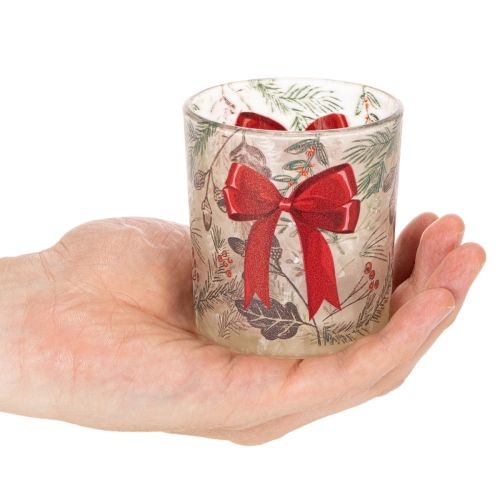 Szklany świecznik wotywny z gałązkami świątecznymi i czerwoną wstążką, 8cm, 2 sztuki | Floristik24.pl