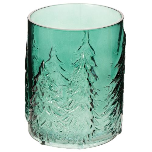 Szklany świecznik typu tealight z reliefem jodeł, dekoracja świąteczna, 16 cm
