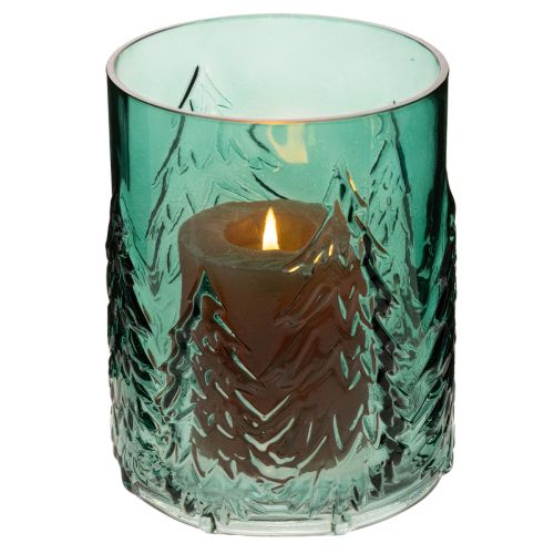 Szklany świecznik typu tealight z reliefem jodeł, dekoracja świąteczna, 16 cm | Floristik24.pl