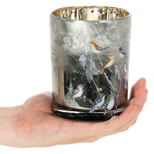 Świecznik z ptakami, wzór zimowy, błyszczący, 12 cm | Floristik24.pl