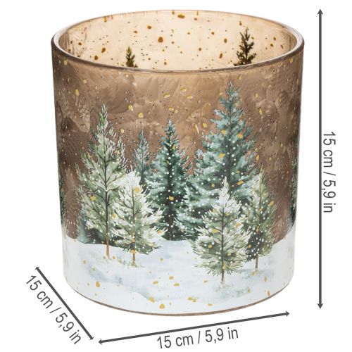 Szklany świecznik typu tealight z motywem lasu jodłowego, zimowa dekoracja, 15 cm | Floristik24.pl