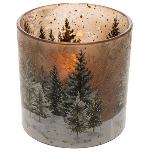 Szklany świecznik typu tealight z motywem lasu jodłowego, zimowa dekoracja, 15 cm | Floristik24.pl