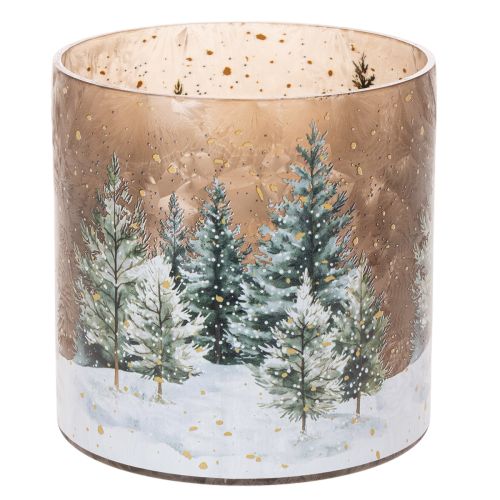 Szklany świecznik typu tealight z zimowym lasem w śniegu, dekoracja świąteczna, 20 cm