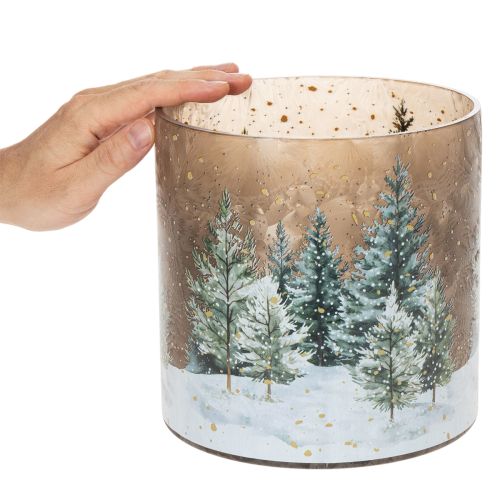 Szklany świecznik typu tealight z zimowym lasem w śniegu, dekoracja świąteczna, 20 cm | Floristik24.pl