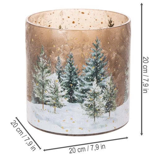 Szklany świecznik typu tealight z zimowym lasem w śniegu, dekoracja świąteczna, 20 cm | Floristik24.pl