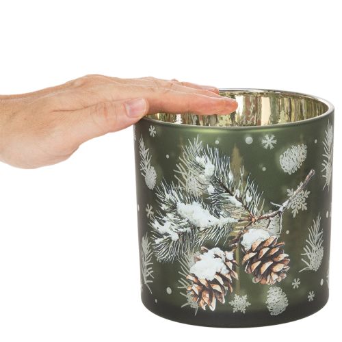 Szklany świecznik typu tealight z szyszkami i płatkami śniegu, 15 cm | Floristik24.pl