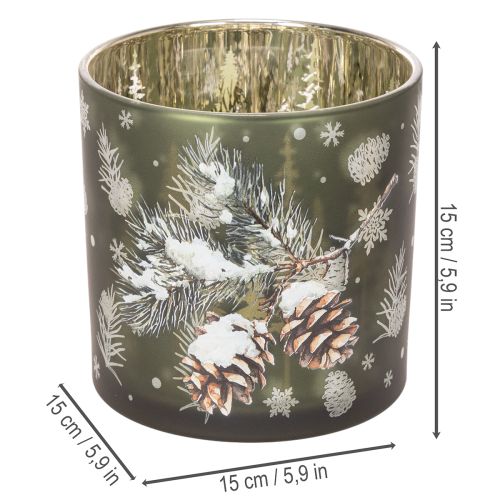 Szklany świecznik typu tealight z szyszkami i płatkami śniegu, 15 cm | Floristik24.pl