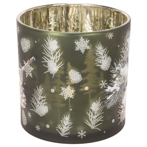 Szklany świecznik typu tealight z szyszkami i płatkami śniegu, 15 cm | Floristik24.pl