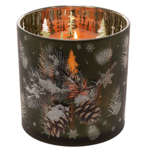 Szklany świecznik typu tealight z szyszkami i płatkami śniegu, 15 cm | Floristik24.pl