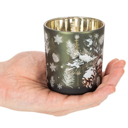 Szklany świecznik typu tealight z zimową gałązką jodły, 8 cm, 2 sztuki | Floristik24.pl