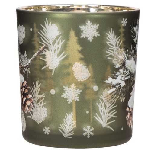 Szklany świecznik typu tealight z zimową gałązką jodły, 8 cm, 2 sztuki | Floristik24.pl