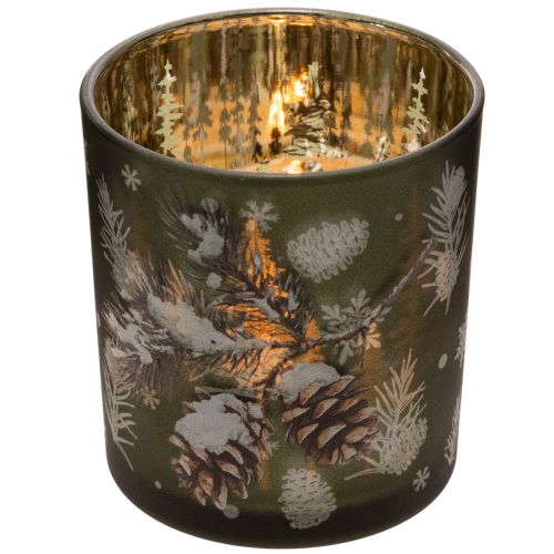 Szklany świecznik typu tealight z zimową gałązką jodły, 8 cm, 2 sztuki | Floristik24.pl