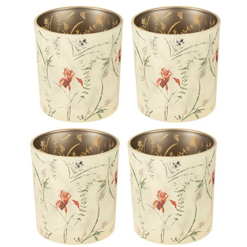 Produkt Dekoracyjny szklany lampion z motywem kwiatowym, stanowiący nastrojowy akcent w domu, 8 cm, 4 sztuki.