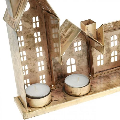 Floristik24 Świąteczna diorama, metalowa dekoracja z oświetleniem, świecące domy złote, styl vintage dł.67,5cm wys.20cm