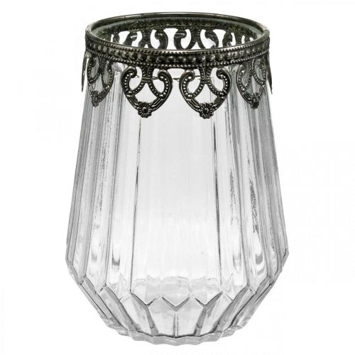 Floristik24 Latarnia vintage, szklana świeca z metalową dekoracją Ø11,5 cm W15 cm