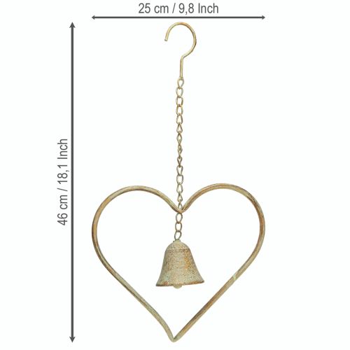 Produkt Dzwonek wietrzny serce z metalu z dzwoneczkiem antyczny zielony złoty rdza 46cm