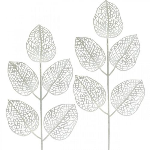 Ozdoba zimowa, liście dekoracyjne, sztuczna gałąź biały brokat L36cm 10szt