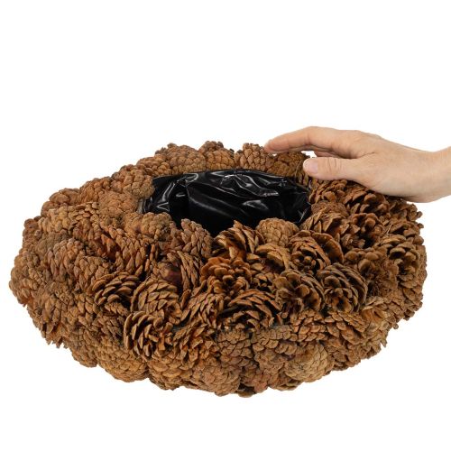 Okrągła doniczka w kształcie szyszki sosnowej jako donica, 38 cm; okrągła doniczka w kształcie szyszki sosnowej, naturalny brąz, wykonana z szyszek sosnowych, 38 cm x 14 cm | Floristik24.pl