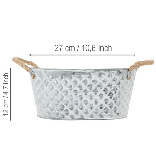 Owalna miska cynkowa z uchwytami z liny, 27 cm x 17,5 cm, wys. 12 cm | Floristik24.pl