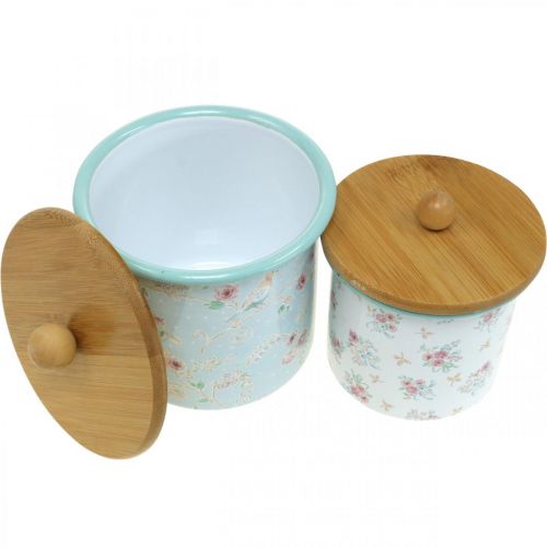 Produkt Pudełko emaliowane z pokrywką drewno kwiatki wys.10/12cm zestaw 2 szt