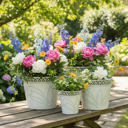 Doniczka metalowa z tłoczonym wzorem i uchwytami, biało-zielona, w stylu shabby chic, wys. 22/19,5/17,5 cm, śr. 25,5/20,5/15,5 cm, zestaw 3 szt. | Floristik24.pl