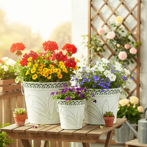Doniczka metalowa z tłoczonym wzorem i uchwytami, biało-zielona, w stylu shabby chic, wys. 22/19,5/17,5 cm, śr. 25,5/20,5/15,5 cm, zestaw 3 szt. | Floristik24.pl