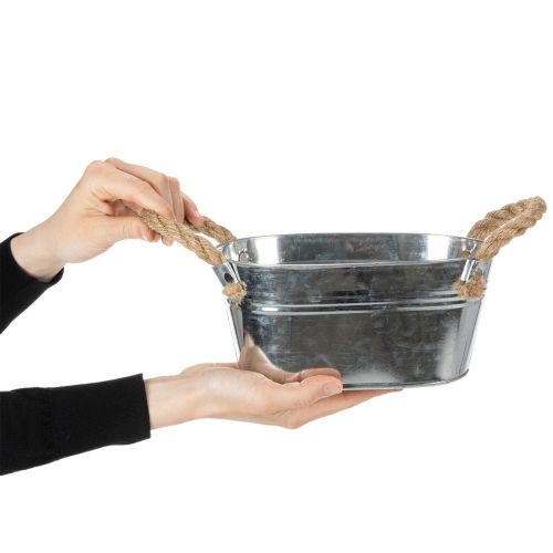 Metalowa miska z uchwytami ze sznurka, srebrna, wys. 22 cm, wys. 10 cm | Floristik24.pl