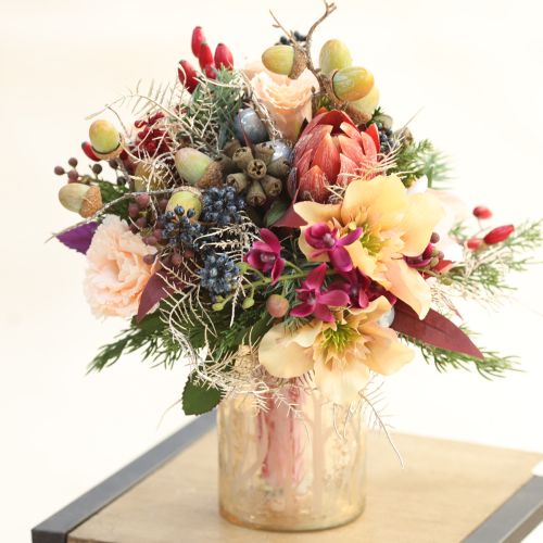 Produkt Kwiaty sztuczne Protea ozdobne czerwono-pomarańczowe 34cm 3szt.