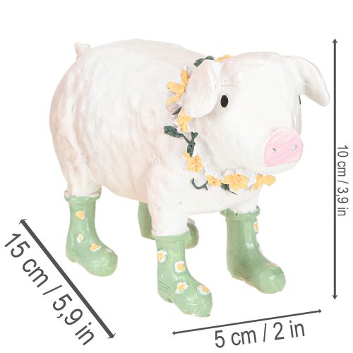 Dekoracyjna świnka w gumiakach – Zabawna figurka farmera z wieńcem kwiatowym 15,5 cm | Floristik24.pl