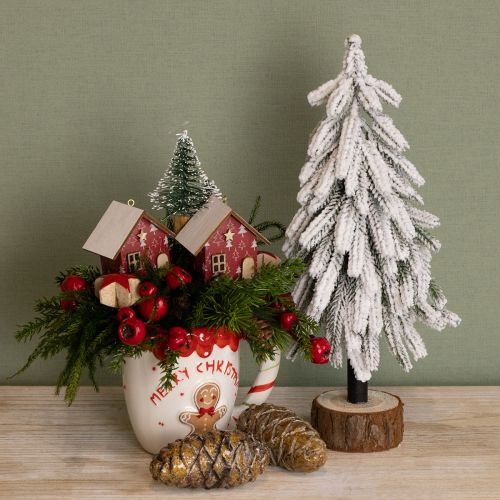Produkt Dekoracyjna choinka pokryta śniegiem na drewnianej podstawce Ø15cm H30cm