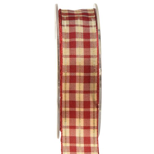 Produkt Wstążka dekoracyjna, wstążka ozdobna, wstążka w kratkę, czerwona, beżowa, złota, szer. 25mm, dł. 20m