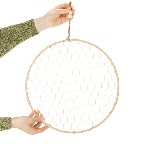 Produkt Pierścień metalowy dekoracyjny Ø38cm, dekoracja wisząca, rafia, srebro, naturalny, dekoracja ścienna w stylu boho, uniwersalna dekoracja, 4 sztuki