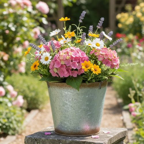 Produkt Doniczka dekoracyjna z uchwytami, wiaderko do sadzenia, pojemnik metalowy, kolor srebrny, stal patynowana, Ø17cm, wys. 16,5cm