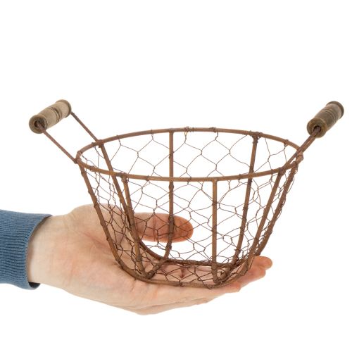 Koszyk druciany, metalowy z uchwytem, drewno, rdza, dekoracyjny, Ø18cm | Floristik24.pl