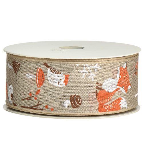 Produkt Wstążka prezentowa jesienna z lisem i grzybami lniana szara 40mm 15m