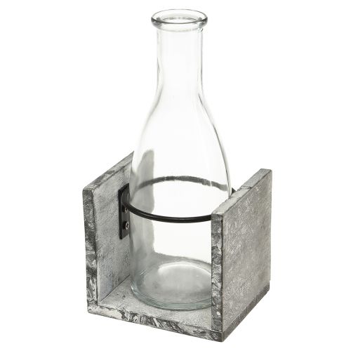 Floristik24 Szklany wazon w szarym drewnianym stojaku, 9,5x8x20cm - Rustykalna dekoracja z 4 butelkami